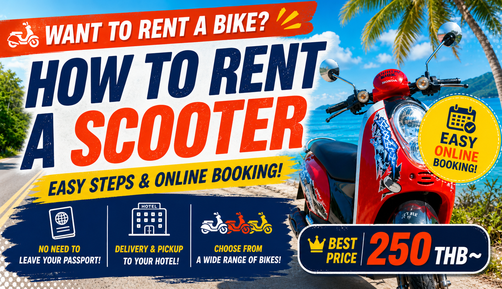 Koh Phangan scooter rental guide image explaining how to rent a scooter safely with Skoot