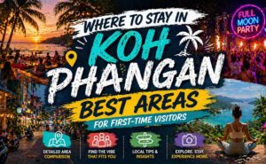 Colorful Koh Phangan area guide image comparing the best places to stay for first-time visitors