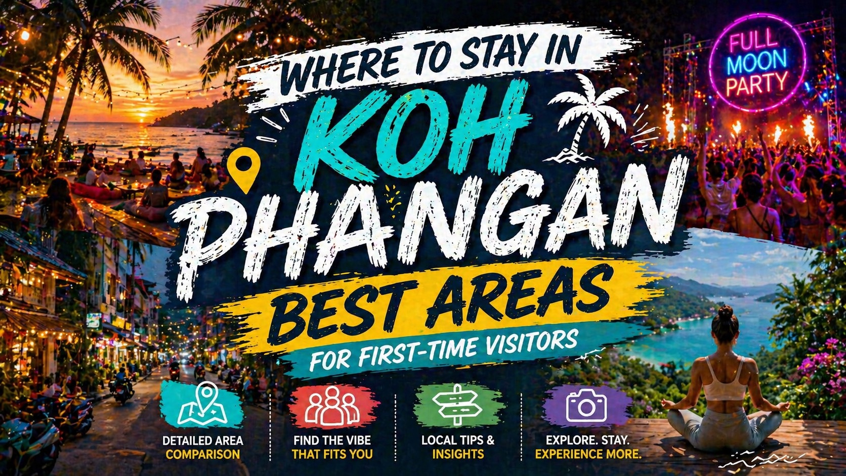 Colorful Koh Phangan area guide image comparing the best places to stay for first-time visitors