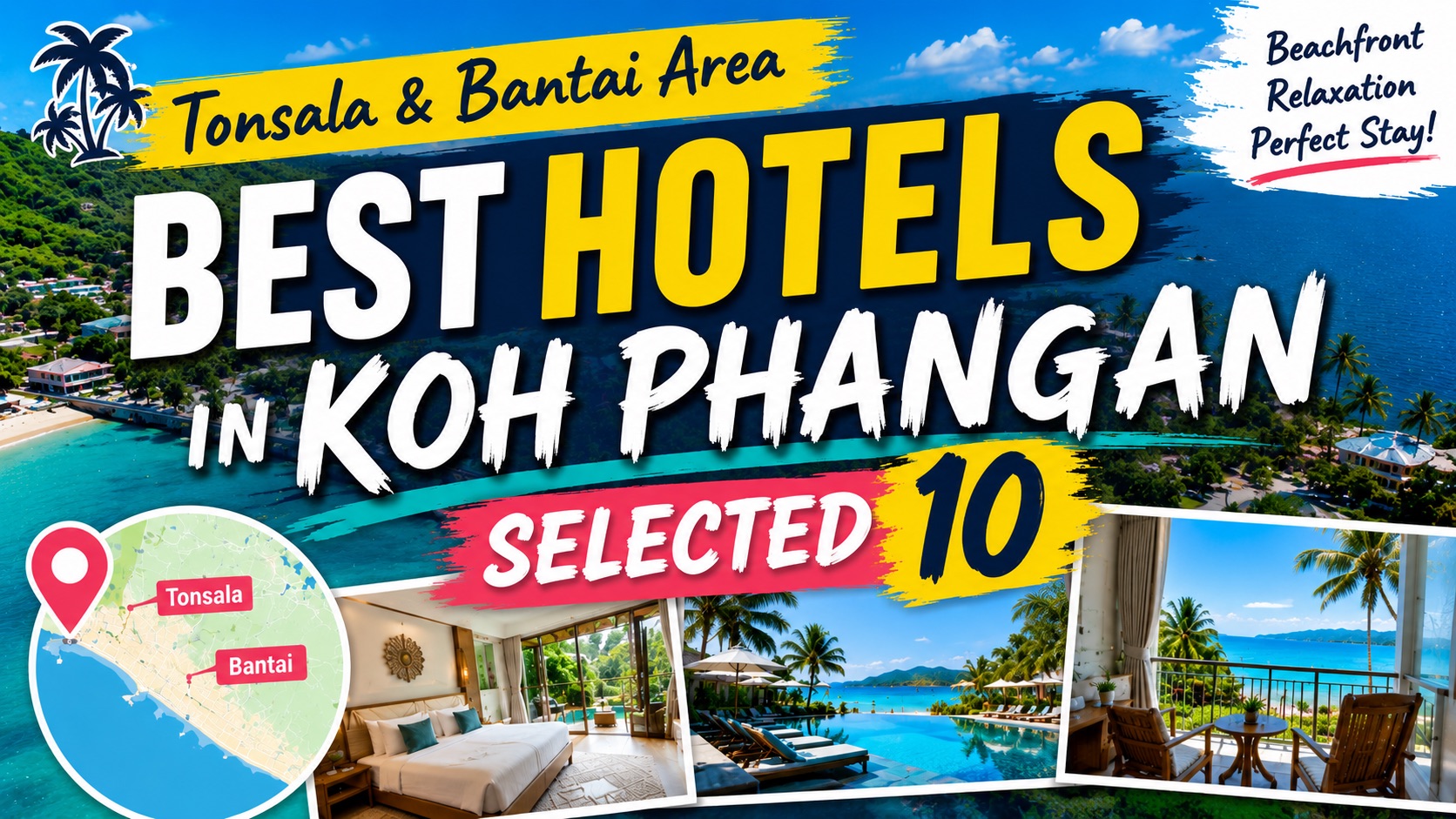 Koh Phangan hotel guide feature image introducing 10 recommended hotels in Thong Sala and Ban Tai.