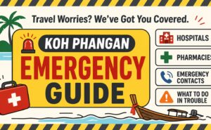 Koh Phangan emergency guide banner showing hospitals, pharmacies, emergency contacts and what to do in trouble