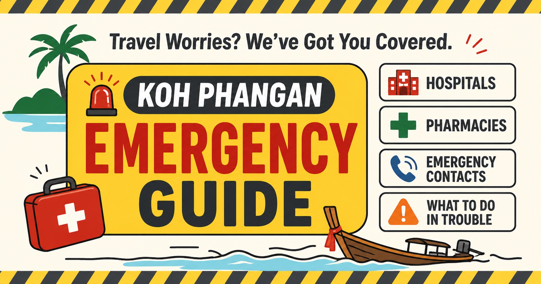 Koh Phangan emergency guide banner showing hospitals, pharmacies, emergency contacts and what to do in trouble
