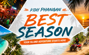 Best season guide image for Koh Phangan showing Full Moon Party, beach scenery, sunset and tropical island activities