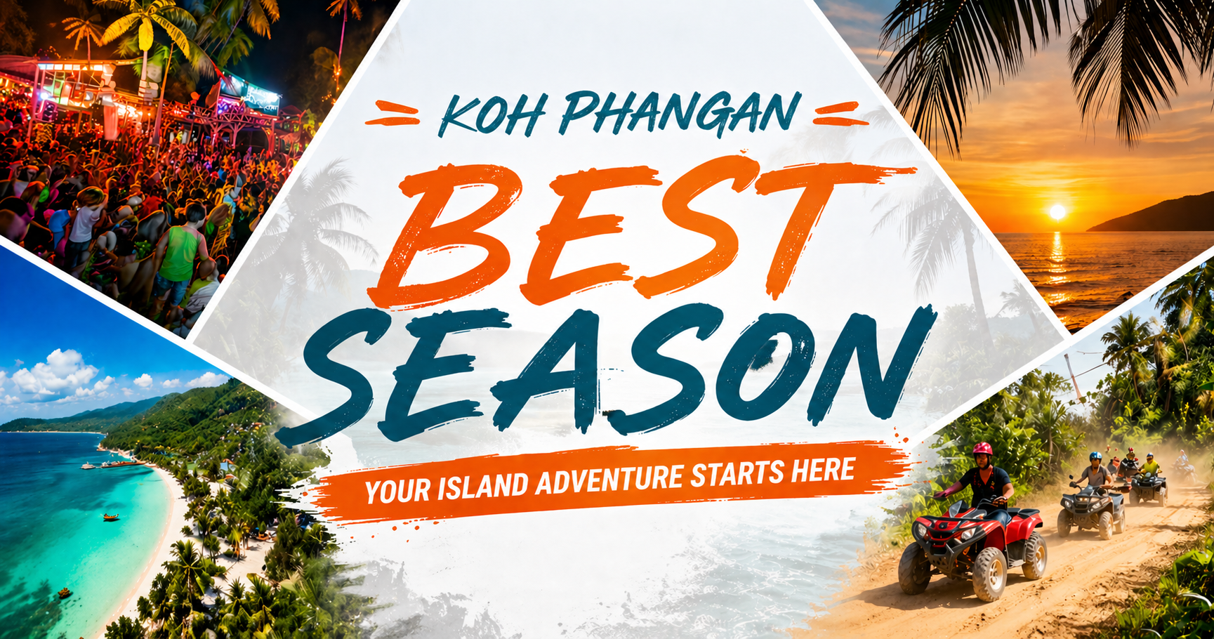 Best season guide image for Koh Phangan showing Full Moon Party, beach scenery, sunset and tropical island activities